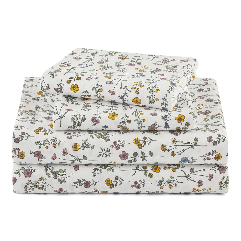 Beautiful Botanical 4-Piece 100% Cotton Washed Percale White Sheet Set, Queen by Drew Barrymore
